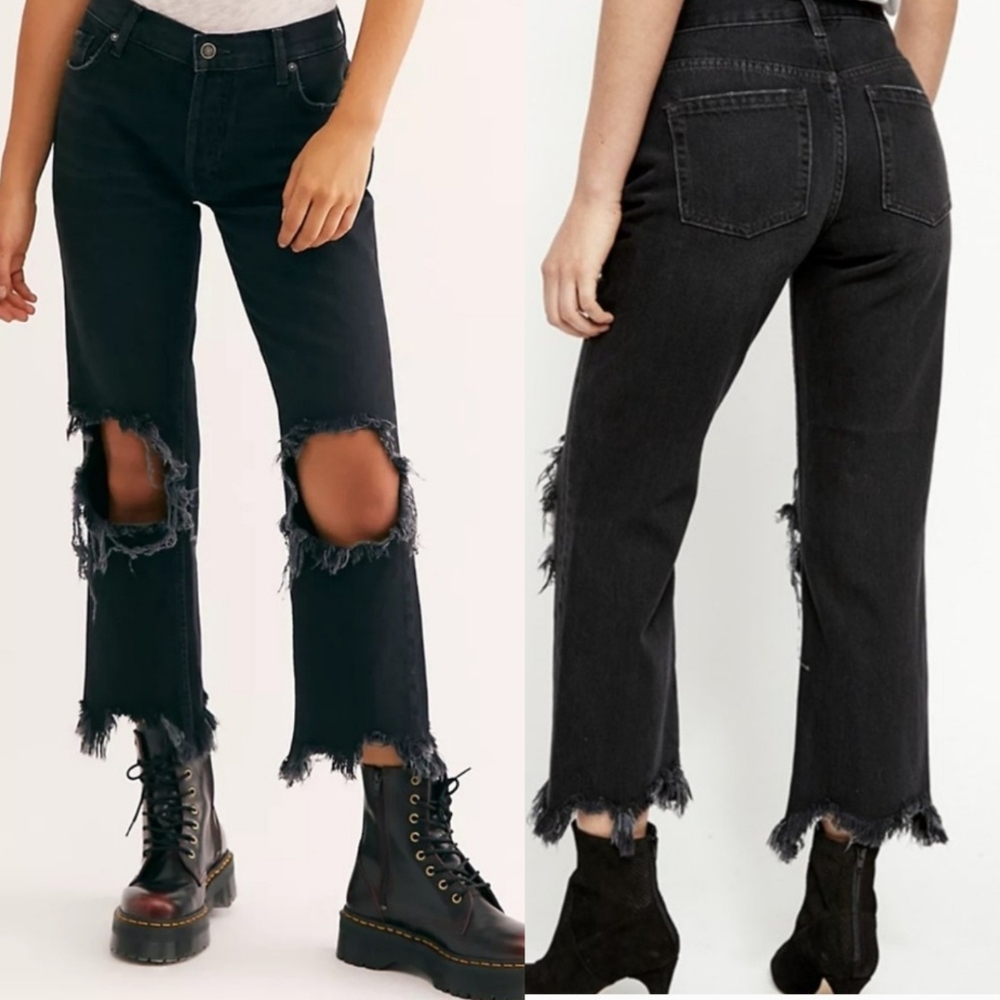 We The Free Maggie Mid Rise Straight Washed Black Distressed Jean Women's 26 - Picture 1 of 16